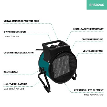 EH502AC Elektrische heater / Straalkachel met ventilatiestand – 3000W | 3 standen