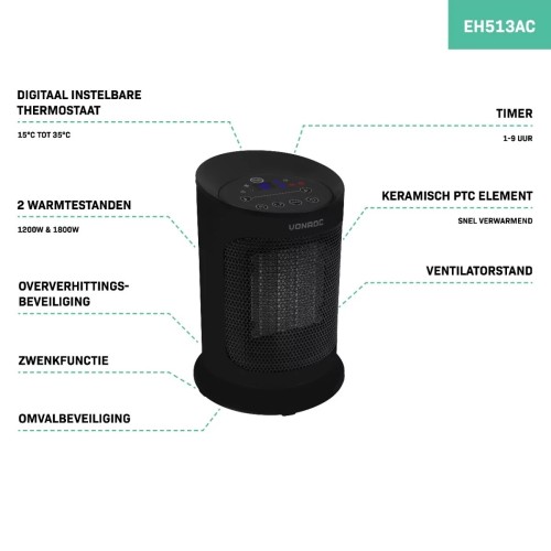 EH513AC Elektrische ventilatorkachel - 1200W/1800W - keramisch | zwenkfunctie
