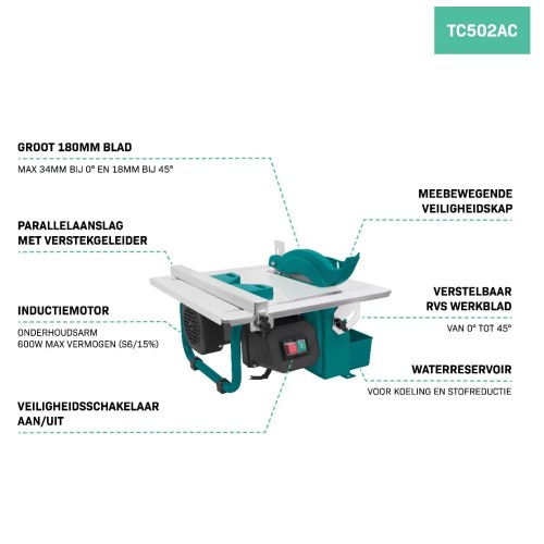 TC502AC Tegelzaagmachine 600W Ø180mm | Incl. diamant zaagblad TC502AC Tegelzaagmachine 600W Ø180mm | Incl. diamant zaagblad